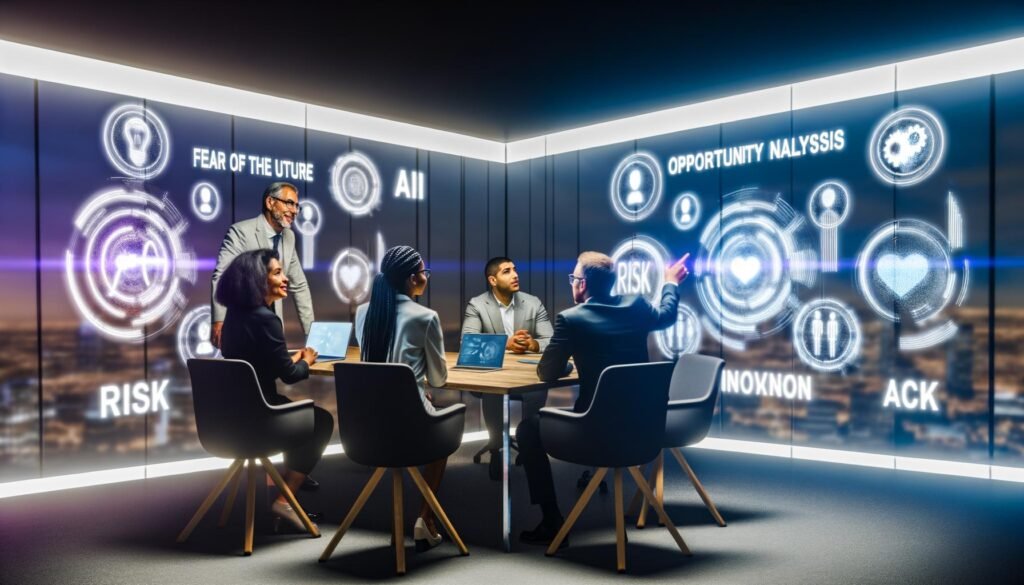 Dynamischer Konferenzraum im Jahr 2025 mit vielseitiger Gruppe aus Unternehmern und Tech-Expertinnen, umgeben von digitalen Whiteboards mit den Begriffen Zukunftsangst, Chancenanalyse, KI, Risiko und Innovation. Moderne Technologien wie Hologramme und Laptops bestimmen das Setting.