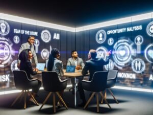 Dynamischer Konferenzraum im Jahr 2025 mit vielseitiger Gruppe aus Unternehmern und Tech-Expertinnen, umgeben von digitalen Whiteboards mit den Begriffen Zukunftsangst, Chancenanalyse, KI, Risiko und Innovation. Moderne Technologien wie Hologramme und Laptops bestimmen das Setting.