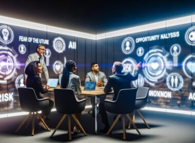 Dynamischer Konferenzraum im Jahr 2025 mit vielseitiger Gruppe aus Unternehmern und Tech-Expertinnen, umgeben von digitalen Whiteboards mit den Begriffen Zukunftsangst, Chancenanalyse, KI, Risiko und Innovation. Moderne Technologien wie Hologramme und Laptops bestimmen das Setting.