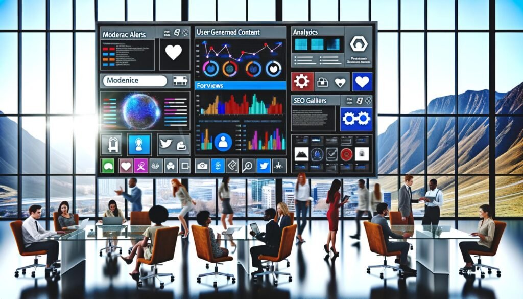 Modernes Büro mit großen Fenstern und digitalem Dashboard, das User Generated Content, Analysen und Teamwork in Echtzeit visualisiert.