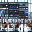 Modernes Büro mit großen Fenstern und digitalem Dashboard, das User Generated Content, Analysen und Teamwork in Echtzeit visualisiert.