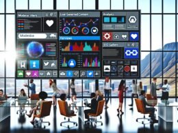 Modernes Büro mit großen Fenstern und digitalem Dashboard, das User Generated Content, Analysen und Teamwork in Echtzeit visualisiert.