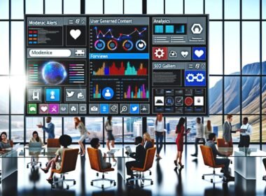 Modernes Büro mit großen Fenstern und digitalem Dashboard, das User Generated Content, Analysen und Teamwork in Echtzeit visualisiert.