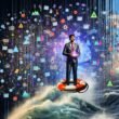 Digitale Collage mit Geschäftsperson, die auf einem Rettungsring im Ozean aus Daten, Diagrammen und Codefragmenten steht und ein leuchtendes Data-Storytelling-Framework hält.