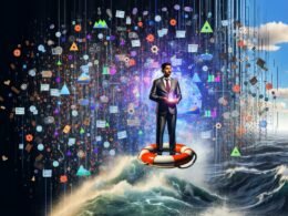 Digitale Collage mit Geschäftsperson, die auf einem Rettungsring im Ozean aus Daten, Diagrammen und Codefragmenten steht und ein leuchtendes Data-Storytelling-Framework hält.