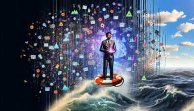 Digitale Collage mit Geschäftsperson, die auf einem Rettungsring im Ozean aus Daten, Diagrammen und Codefragmenten steht und ein leuchtendes Data-Storytelling-Framework hält.