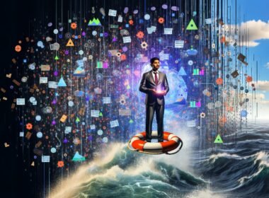 Digitale Collage mit Geschäftsperson, die auf einem Rettungsring im Ozean aus Daten, Diagrammen und Codefragmenten steht und ein leuchtendes Data-Storytelling-Framework hält.