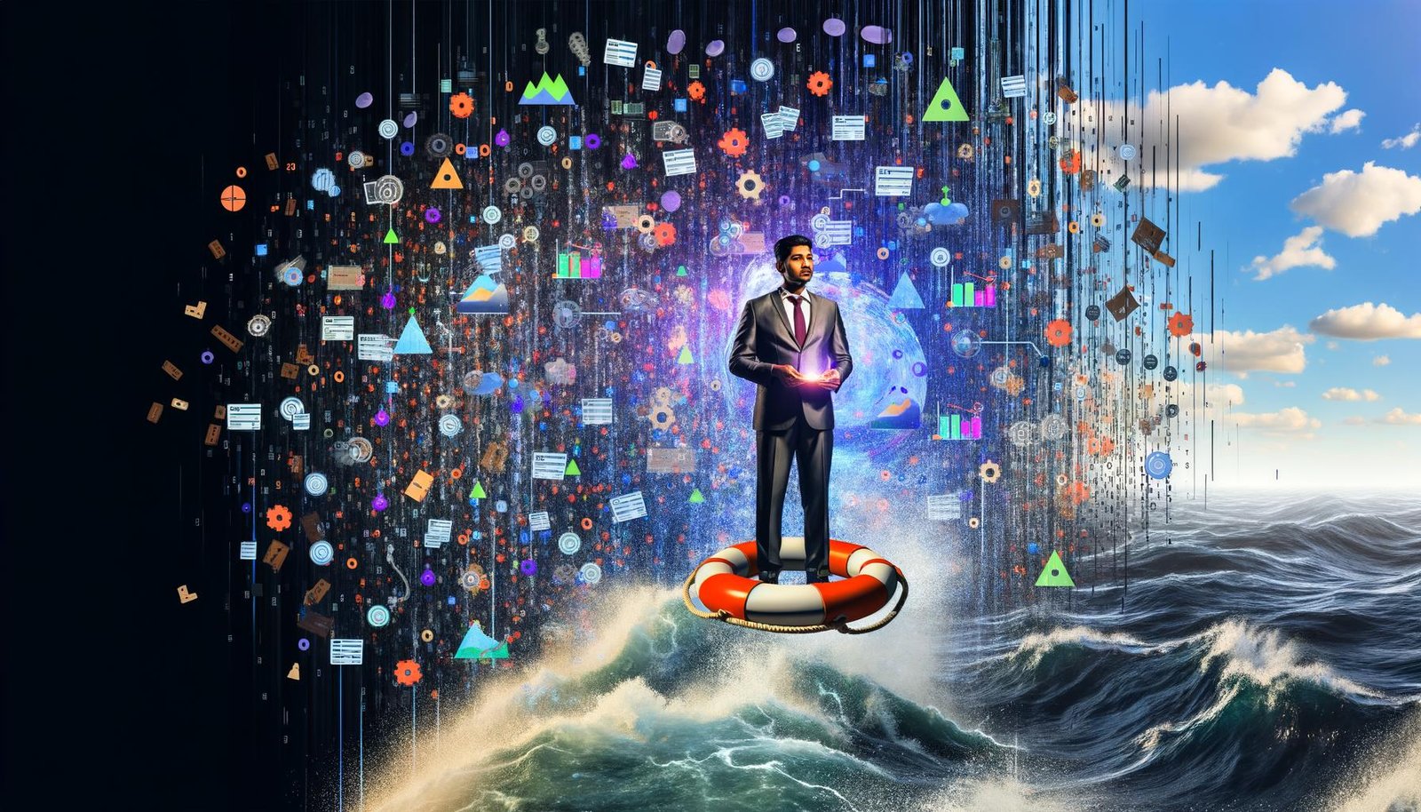 Digitale Collage mit Geschäftsperson, die auf einem Rettungsring im Ozean aus Daten, Diagrammen und Codefragmenten steht und ein leuchtendes Data-Storytelling-Framework hält.