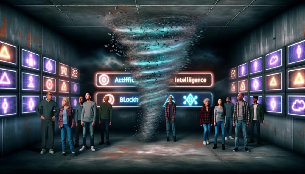 Gruppe von Menschen verschiedener Altersgruppen steht in einem düsteren, technologisch geprägten Raum mit leuchtenden Anzeigen für KI und Blockchain; im Hintergrund erhebt sich ein Wirbelsturm aus Datenströmen und Binärcode.