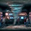 Gruppe von Menschen verschiedener Altersgruppen steht in einem düsteren, technologisch geprägten Raum mit leuchtenden Anzeigen für KI und Blockchain; im Hintergrund erhebt sich ein Wirbelsturm aus Datenströmen und Binärcode.
