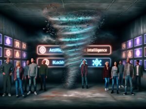 Gruppe von Menschen verschiedener Altersgruppen steht in einem düsteren, technologisch geprägten Raum mit leuchtenden Anzeigen für KI und Blockchain; im Hintergrund erhebt sich ein Wirbelsturm aus Datenströmen und Binärcode.