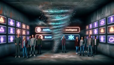 Gruppe von Menschen verschiedener Altersgruppen steht in einem düsteren, technologisch geprägten Raum mit leuchtenden Anzeigen für KI und Blockchain; im Hintergrund erhebt sich ein Wirbelsturm aus Datenströmen und Binärcode.