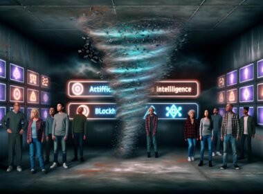Gruppe von Menschen verschiedener Altersgruppen steht in einem düsteren, technologisch geprägten Raum mit leuchtenden Anzeigen für KI und Blockchain; im Hintergrund erhebt sich ein Wirbelsturm aus Datenströmen und Binärcode.