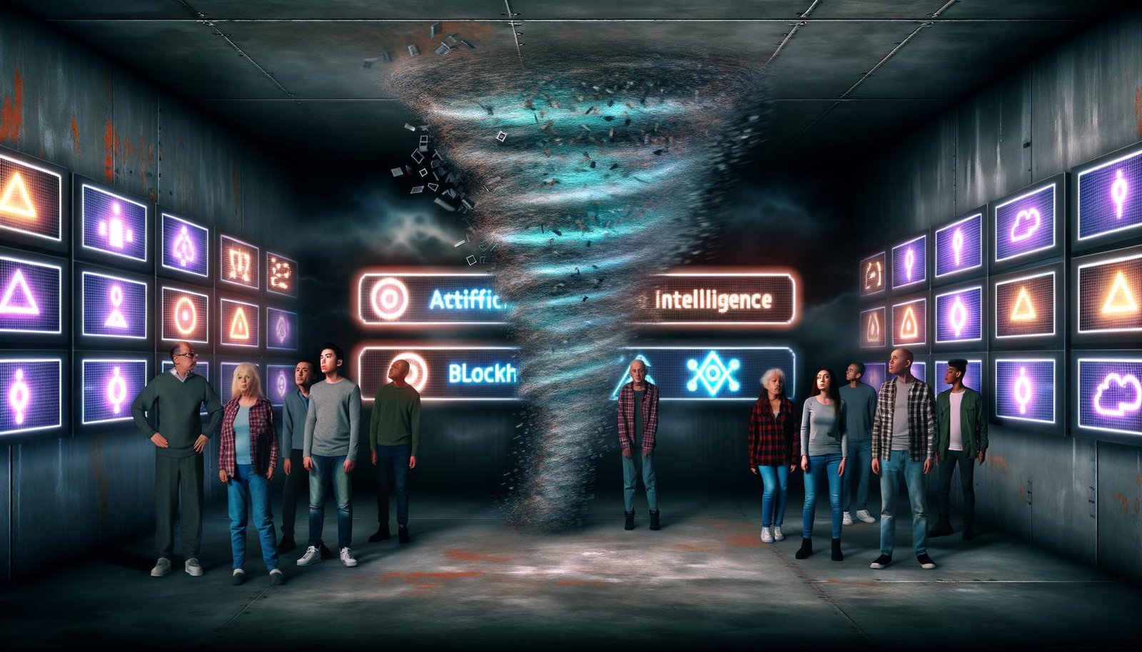 Gruppe von Menschen verschiedener Altersgruppen steht in einem düsteren, technologisch geprägten Raum mit leuchtenden Anzeigen für KI und Blockchain; im Hintergrund erhebt sich ein Wirbelsturm aus Datenströmen und Binärcode.