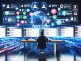 Moderne Leitstelle mit futuristischem Schreibtisch, zentraler Person vor mehreren Monitoren, schwebenden User-Avataren und digitalen Netzwerk-Elementen