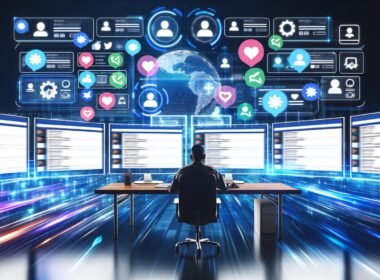 Moderne Leitstelle mit futuristischem Schreibtisch, zentraler Person vor mehreren Monitoren, schwebenden User-Avataren und digitalen Netzwerk-Elementen