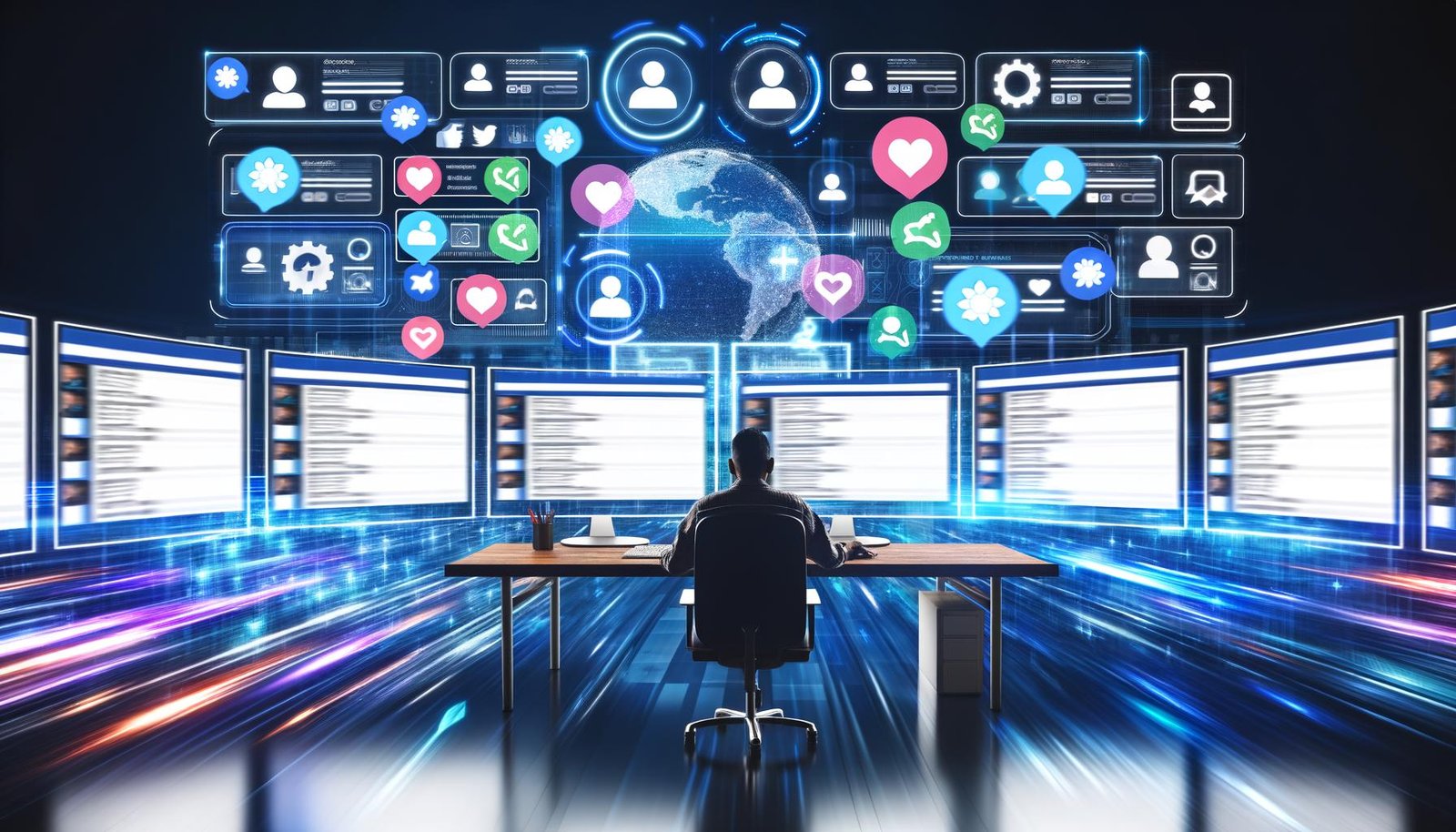 Moderne Leitstelle mit futuristischem Schreibtisch, zentraler Person vor mehreren Monitoren, schwebenden User-Avataren und digitalen Netzwerk-Elementen
