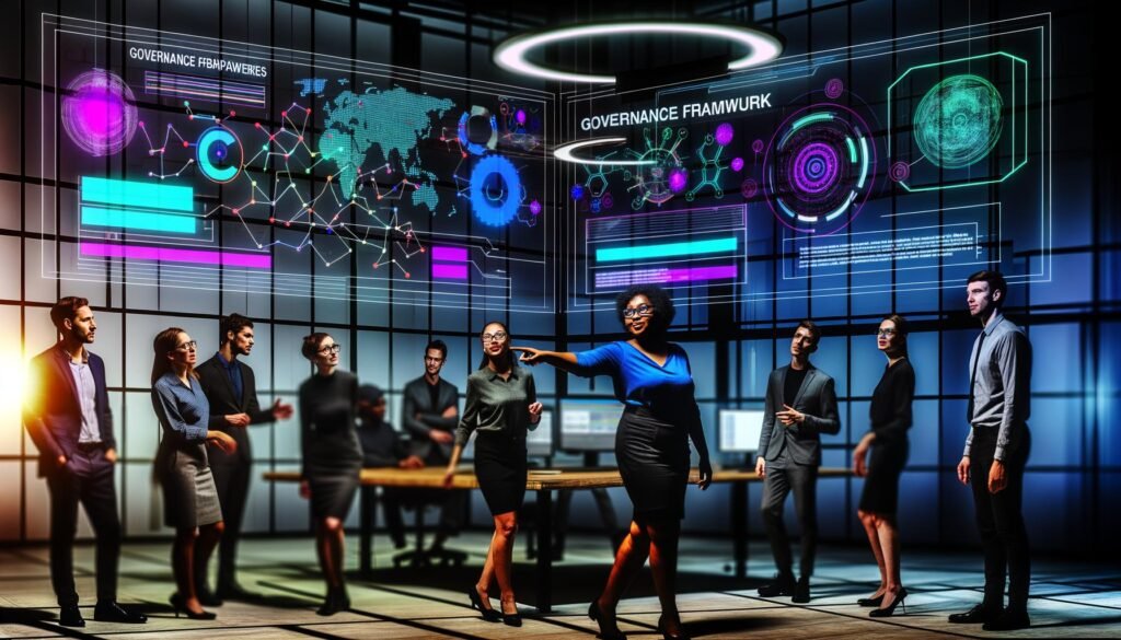 Fachleute diskutieren energisch in einem modernen Büro vor digitalen Datenvisualisierungen, umgeben von Governance-Dokumenten und Checklisten.