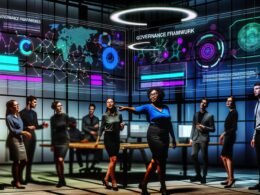 Fachleute diskutieren energisch in einem modernen Büro vor digitalen Datenvisualisierungen, umgeben von Governance-Dokumenten und Checklisten.