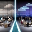 Zweiteiliger Büroraum mit erschrockenen Menschen an alten Computern und motiviertem Team an digitalen Plattformen, getrennt durch eine helle Linie.