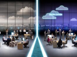 Zweiteiliger Büroraum mit erschrockenen Menschen an alten Computern und motiviertem Team an digitalen Plattformen, getrennt durch eine helle Linie.