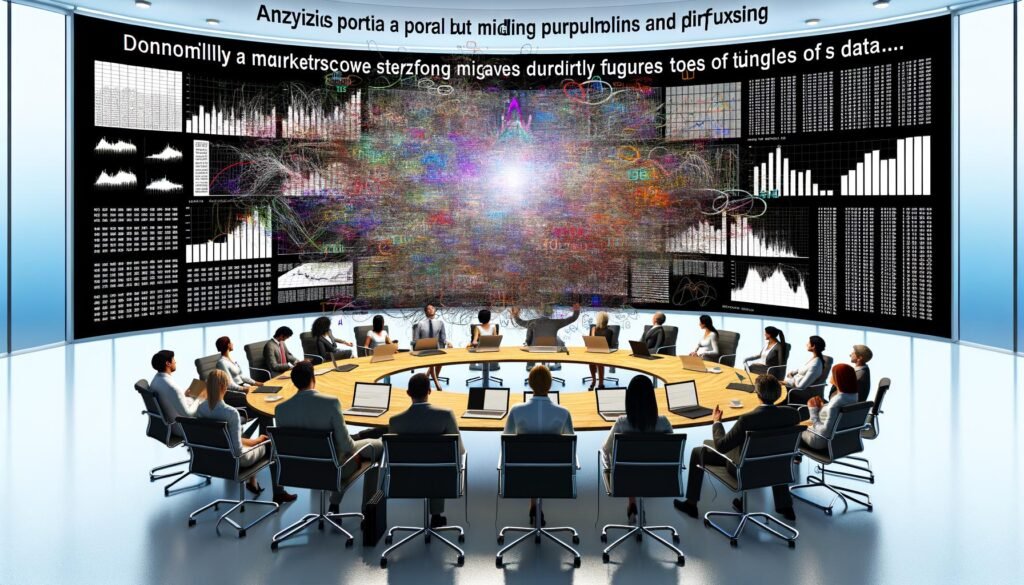 Überfülltes Büro mit gestressten Marketern, zahlreiche übergroße Dashboards und ein Analyst mit verwirrender PowerPoint; eine zentrale Person verwandelt Datentraffic in eine eindrucksvolle Geschichte.