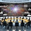 Überfülltes Büro mit gestressten Marketern, zahlreiche übergroße Dashboards und ein Analyst mit verwirrender PowerPoint; eine zentrale Person verwandelt Datentraffic in eine eindrucksvolle Geschichte.