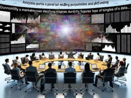 Überfülltes Büro mit gestressten Marketern, zahlreiche übergroße Dashboards und ein Analyst mit verwirrender PowerPoint; eine zentrale Person verwandelt Datentraffic in eine eindrucksvolle Geschichte.
