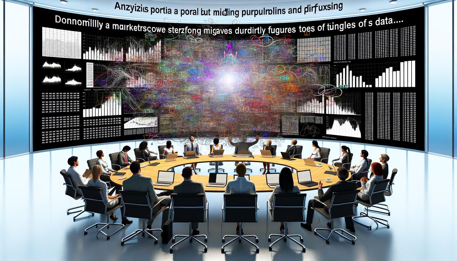 Überfülltes Büro mit gestressten Marketern, zahlreiche übergroße Dashboards und ein Analyst mit verwirrender PowerPoint; eine zentrale Person verwandelt Datentraffic in eine eindrucksvolle Geschichte.