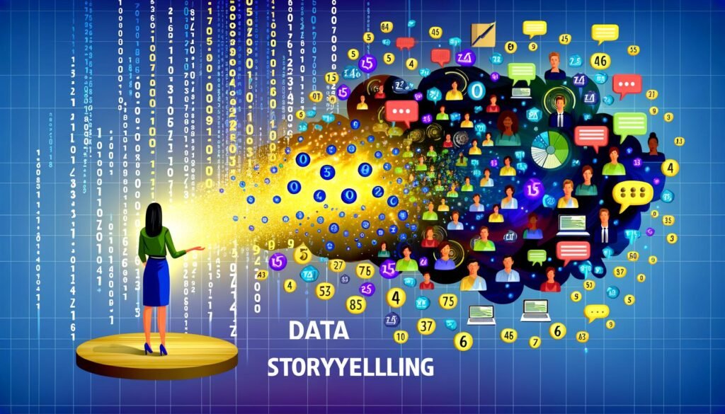 Illustration eines Marketers im Büro mit chaotischen Datenströmen, Excel-Tabellen und Google Analytics Dashboards, aus denen eine leuchtende Storytelling-Brücke zu aufmerksam lauschenden Menschen führt.