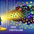 Illustration eines Marketers im Büro mit chaotischen Datenströmen, Excel-Tabellen und Google Analytics Dashboards, aus denen eine leuchtende Storytelling-Brücke zu aufmerksam lauschenden Menschen führt.