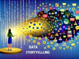 Illustration eines Marketers im Büro mit chaotischen Datenströmen, Excel-Tabellen und Google Analytics Dashboards, aus denen eine leuchtende Storytelling-Brücke zu aufmerksam lauschenden Menschen führt.