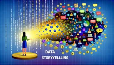 Illustration eines Marketers im Büro mit chaotischen Datenströmen, Excel-Tabellen und Google Analytics Dashboards, aus denen eine leuchtende Storytelling-Brücke zu aufmerksam lauschenden Menschen führt.