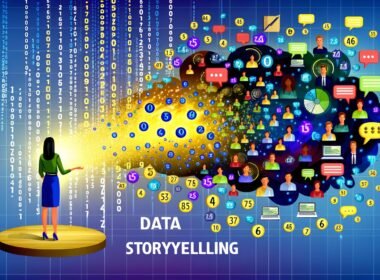 Illustration eines Marketers im Büro mit chaotischen Datenströmen, Excel-Tabellen und Google Analytics Dashboards, aus denen eine leuchtende Storytelling-Brücke zu aufmerksam lauschenden Menschen führt.