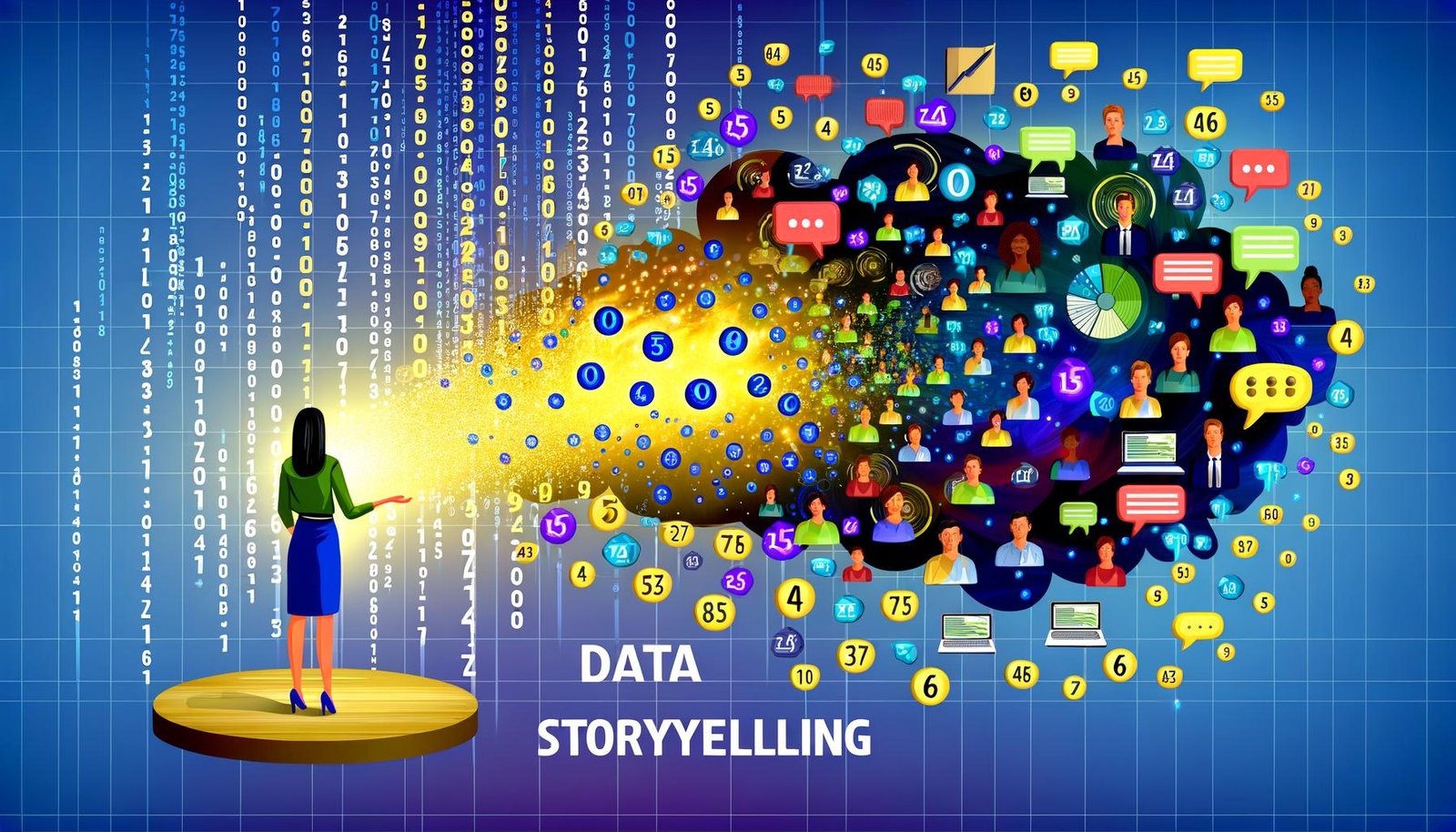 Illustration eines Marketers im Büro mit chaotischen Datenströmen, Excel-Tabellen und Google Analytics Dashboards, aus denen eine leuchtende Storytelling-Brücke zu aufmerksam lauschenden Menschen führt.