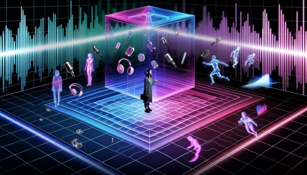 Schwebender holografischer Deezer Spatial Audio Würfel in futuristischer Studio-Umgebung mit 3D-Soundobjekten und Audio-Layern, umgeben von leuchtenden Farben, ein Mensch mit Kopfhörern im Zentrum.