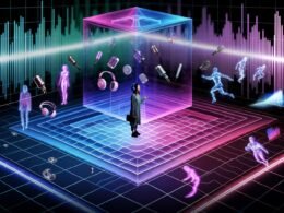 Schwebender holografischer Deezer Spatial Audio Würfel in futuristischer Studio-Umgebung mit 3D-Soundobjekten und Audio-Layern, umgeben von leuchtenden Farben, ein Mensch mit Kopfhörern im Zentrum.