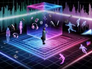 Schwebender holografischer Deezer Spatial Audio Würfel in futuristischer Studio-Umgebung mit 3D-Soundobjekten und Audio-Layern, umgeben von leuchtenden Farben, ein Mensch mit Kopfhörern im Zentrum.