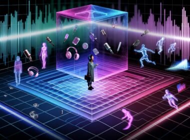 Schwebender holografischer Deezer Spatial Audio Würfel in futuristischer Studio-Umgebung mit 3D-Soundobjekten und Audio-Layern, umgeben von leuchtenden Farben, ein Mensch mit Kopfhörern im Zentrum.