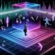 Schwebender holografischer Deezer Spatial Audio Würfel in futuristischer Studio-Umgebung mit 3D-Soundobjekten und Audio-Layern, umgeben von leuchtenden Farben, ein Mensch mit Kopfhörern im Zentrum.