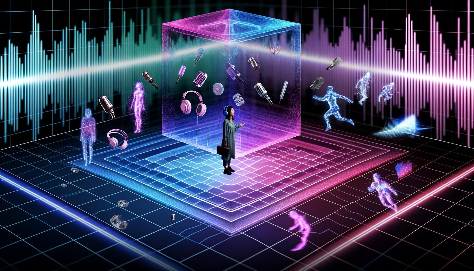 Schwebender holografischer Deezer Spatial Audio Würfel in futuristischer Studio-Umgebung mit 3D-Soundobjekten und Audio-Layern, umgeben von leuchtenden Farben, ein Mensch mit Kopfhörern im Zentrum.