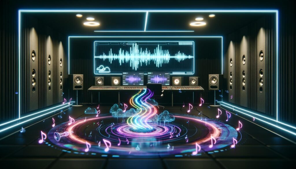 Ein futuristisches Tonstudio mit leuchtenden digitalen Displays, fließenden Hologramm-Texten, überlappenden Audio-Wellenformen und AI-Symbolen vor einer modernen Arbeitsumgebung.