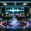 Ein futuristisches Tonstudio mit leuchtenden digitalen Displays, fließenden Hologramm-Texten, überlappenden Audio-Wellenformen und AI-Symbolen vor einer modernen Arbeitsumgebung.
