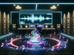 Ein futuristisches Tonstudio mit leuchtenden digitalen Displays, fließenden Hologramm-Texten, überlappenden Audio-Wellenformen und AI-Symbolen vor einer modernen Arbeitsumgebung.