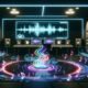 Ein futuristisches Tonstudio mit leuchtenden digitalen Displays, fließenden Hologramm-Texten, überlappenden Audio-Wellenformen und AI-Symbolen vor einer modernen Arbeitsumgebung.