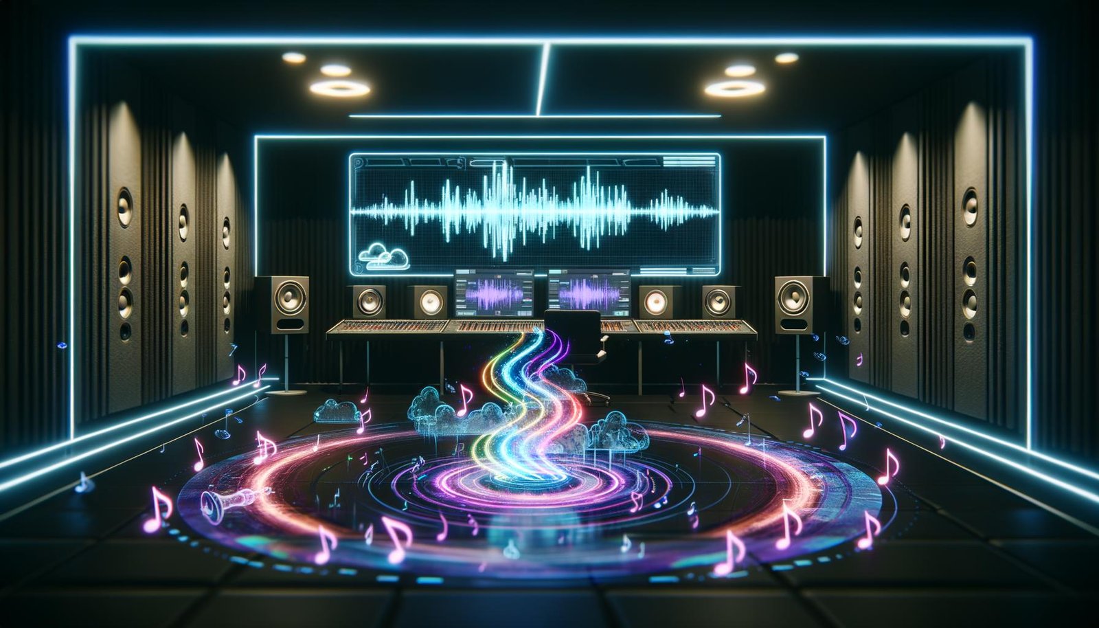 Ein futuristisches Tonstudio mit leuchtenden digitalen Displays, fließenden Hologramm-Texten, überlappenden Audio-Wellenformen und AI-Symbolen vor einer modernen Arbeitsumgebung.