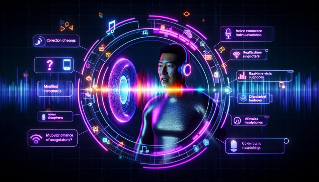 Digitale Illustration eines Nutzers, der per Sprachsteuerung über Deezer Musik hört und Käufe tätigt, umgeben von holografischen Interface-Elementen mit Musik und Angeboten. Im Hintergrund veraltete Werbeikonen.