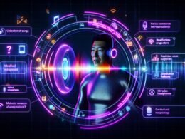 Digitale Illustration eines Nutzers, der per Sprachsteuerung über Deezer Musik hört und Käufe tätigt, umgeben von holografischen Interface-Elementen mit Musik und Angeboten. Im Hintergrund veraltete Werbeikonen.