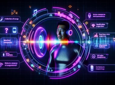 Digitale Illustration eines Nutzers, der per Sprachsteuerung über Deezer Musik hört und Käufe tätigt, umgeben von holografischen Interface-Elementen mit Musik und Angeboten. Im Hintergrund veraltete Werbeikonen.