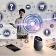 Futuristischer Arbeitsplatz mit junger Person, die gleichzeitig verschiedene vernetzte Smart-Geräte durch Sprachbefehle bedient. Umgeben von Voice-Commerce-Symbolen, digitalem Katalog und integrierten Zahlungs-APIs bei Deezer.